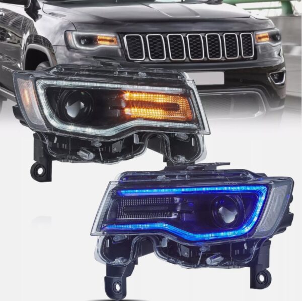 led drl projector headlights for 14 22 jeep grand cherokee w/blue drl animation