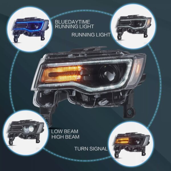 led drl projector headlights for 14 22 jeep grand cherokee w/blue drl animation