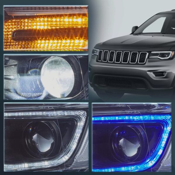 led drl projector headlights for 14 22 jeep grand cherokee w/blue drl animation