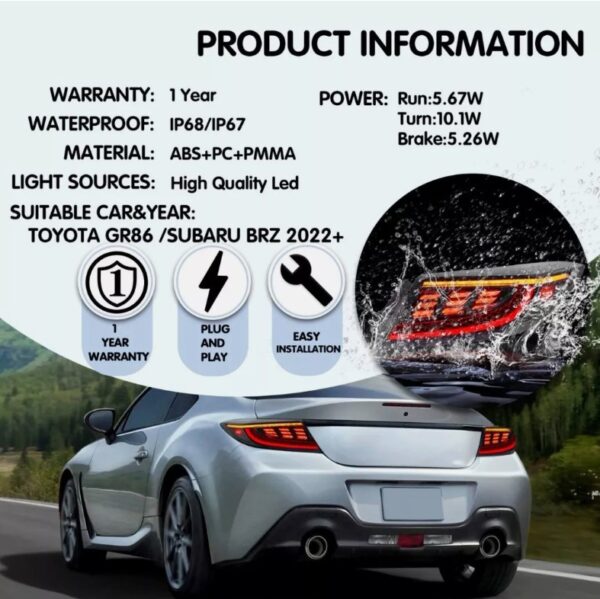 smoke led dynamic taillights for 22+ toyota gr86 subaru brz tail lights