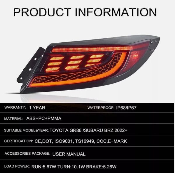 red led dynamic taillights for 22+ toyota gr86 subaru brz tail lights