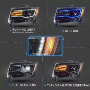 led drl projector headlights for 14 22 jeep grand cherokee w/blue drl animation