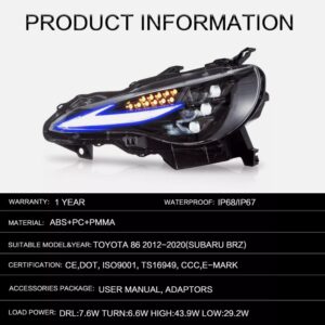 3d v2 triple led rgb projector headlights w/animation for 12 20 subaru brz toyota 86