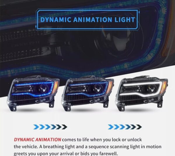 led drl projector headlights for 14 22 jeep grand cherokee w/blue drl animation