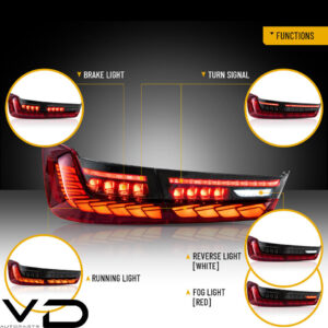 vland gts clear red led taillights w/animation for 19 24 bmw 3 series g20 g80 m3 330i 340i