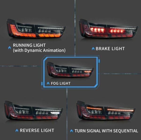 vland gts smoked led taillights w/animation for 19 24 bmw 3 series g20 g80 m3 330i 340i