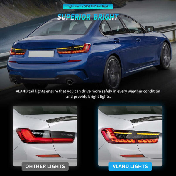vland gts clear red led taillights w/animation for 19 24 bmw 3 series g20 g80 m3 330i 340i