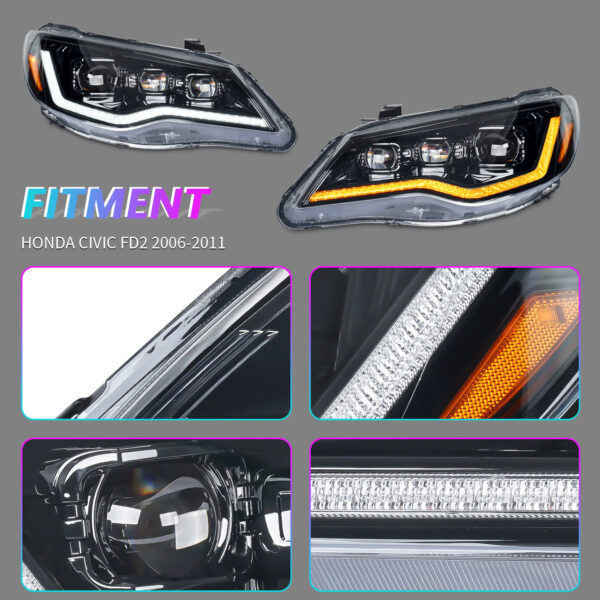 tri led projector led dynamic headlights for 06 12 honda civic fd2 head lights