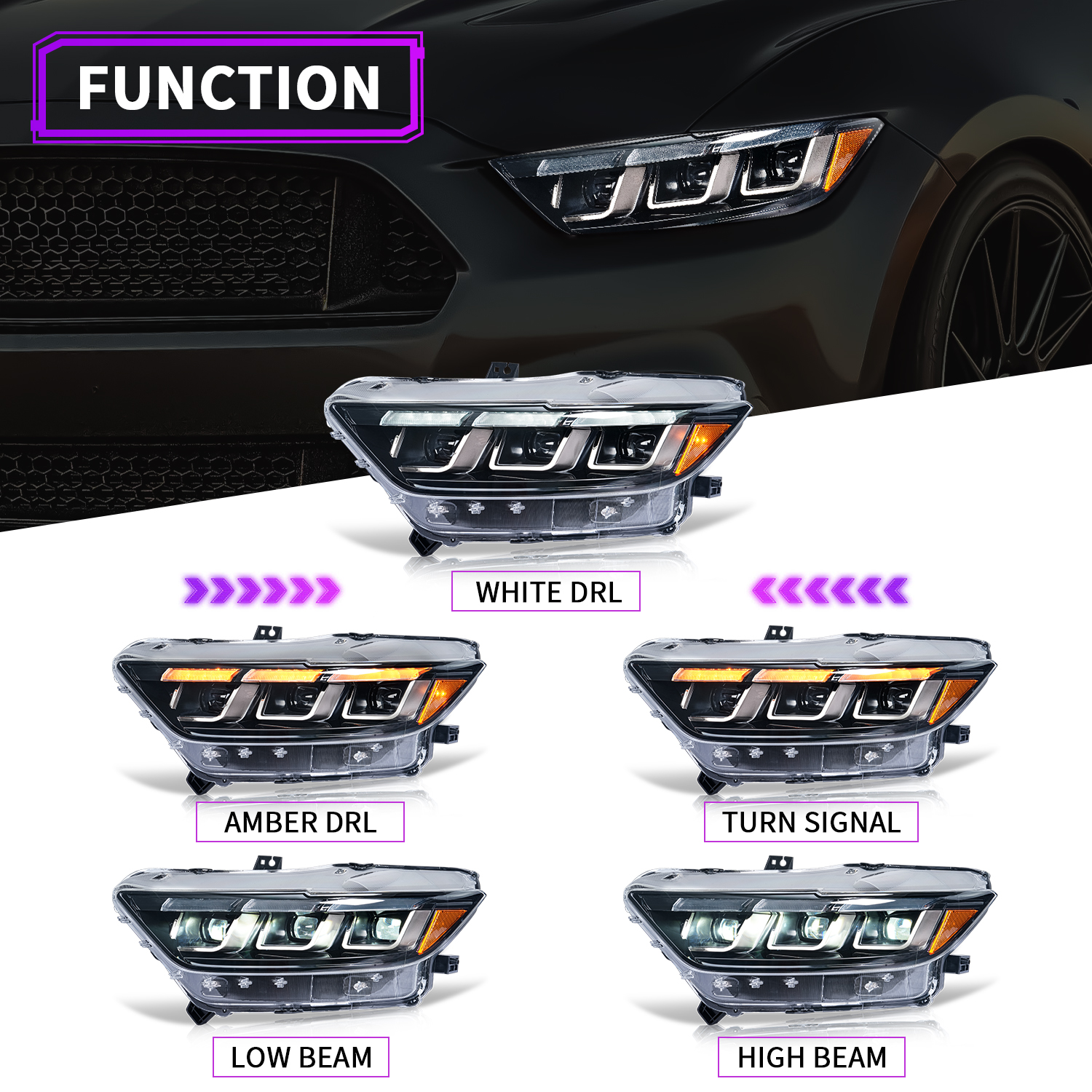 tri led drl dynamic led headlights for 2015 2017 ford mustang gt350 gt500 head lights