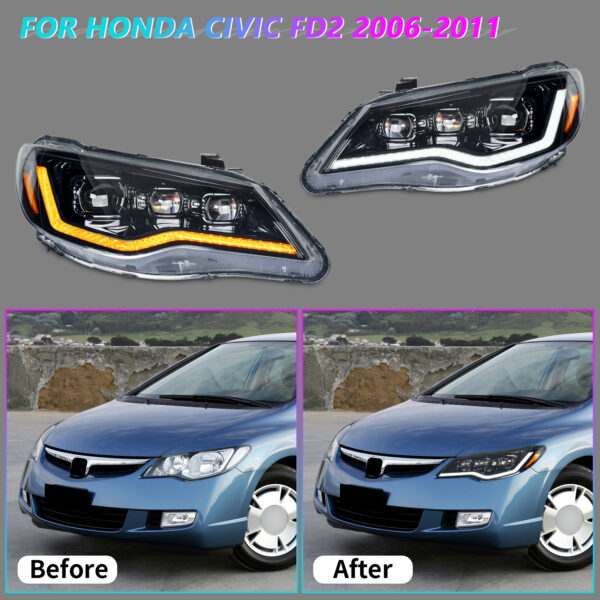 tri led projector led dynamic headlights for 06 12 honda civic fd2 head lights
